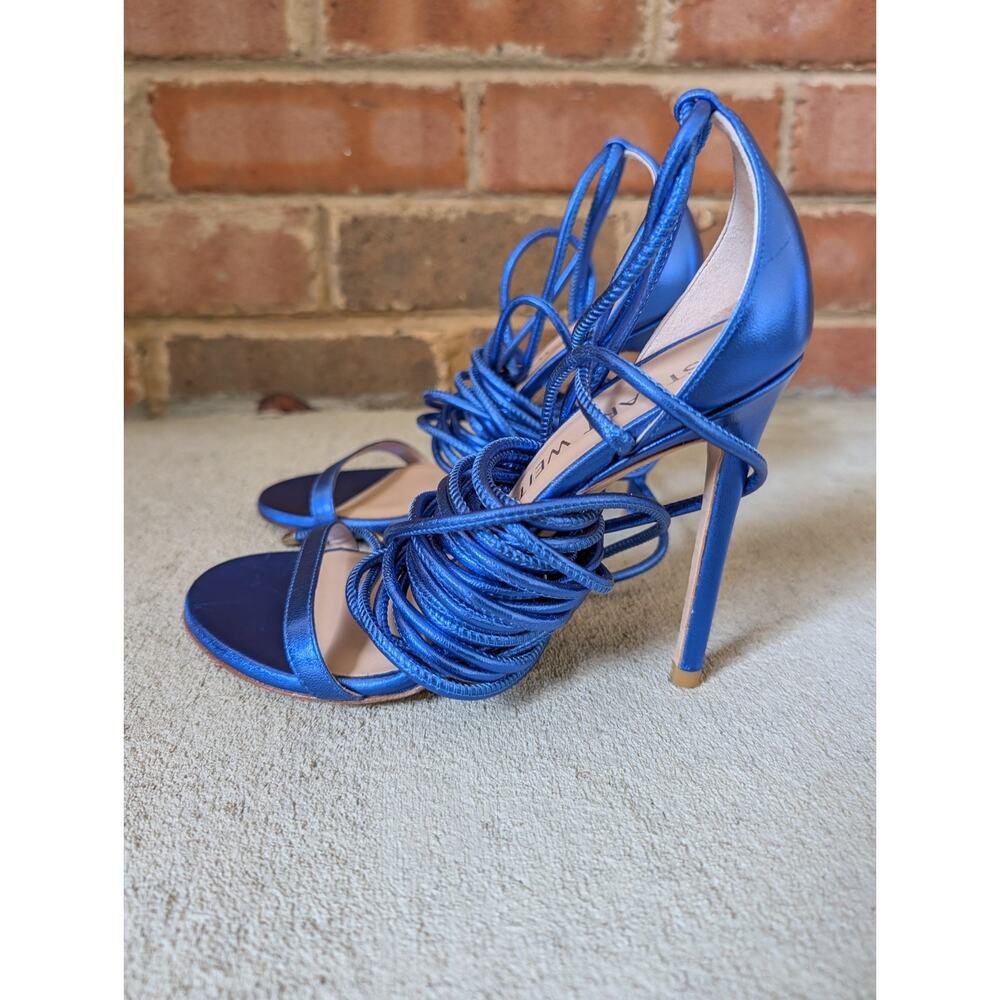 Stuart Weitzman Nudistwrap 110 Blue Metallic Leather Heel Sandal New Size 6 $525 - Picture 4 of 16